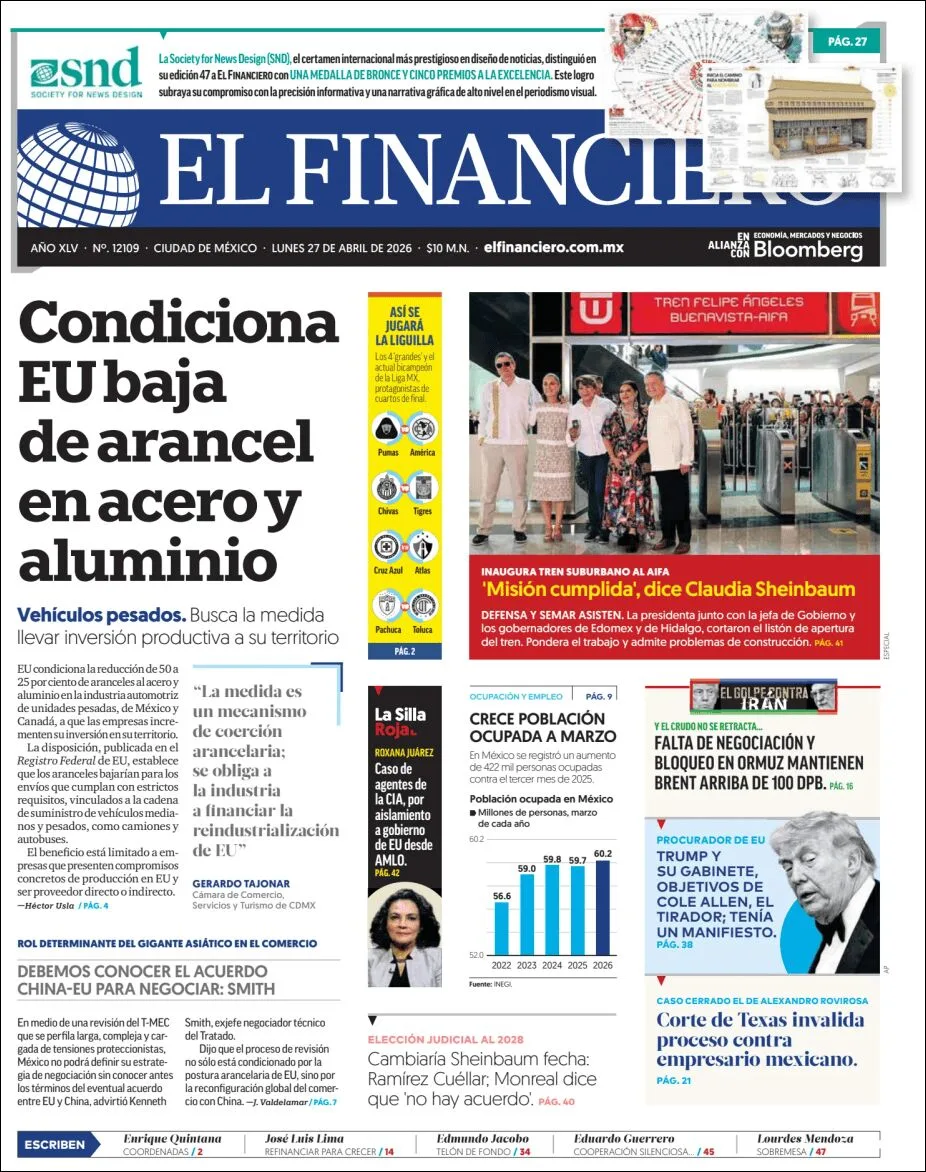 Portada de El Financiero del lunes, 27 de abril de 2026