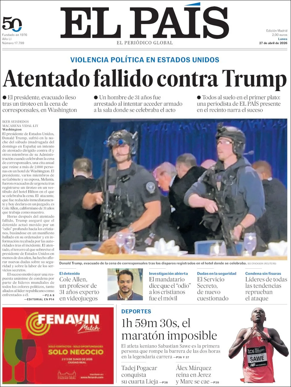 Portada de El Pais del lunes, 27 de abril de 2026