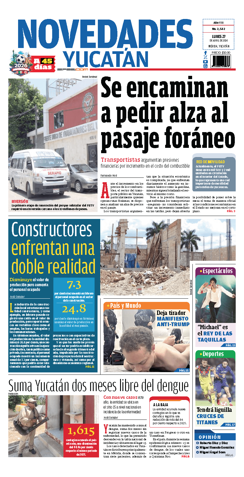 Portada de Novedades Yucatan del lunes, 27 de abril de 2026