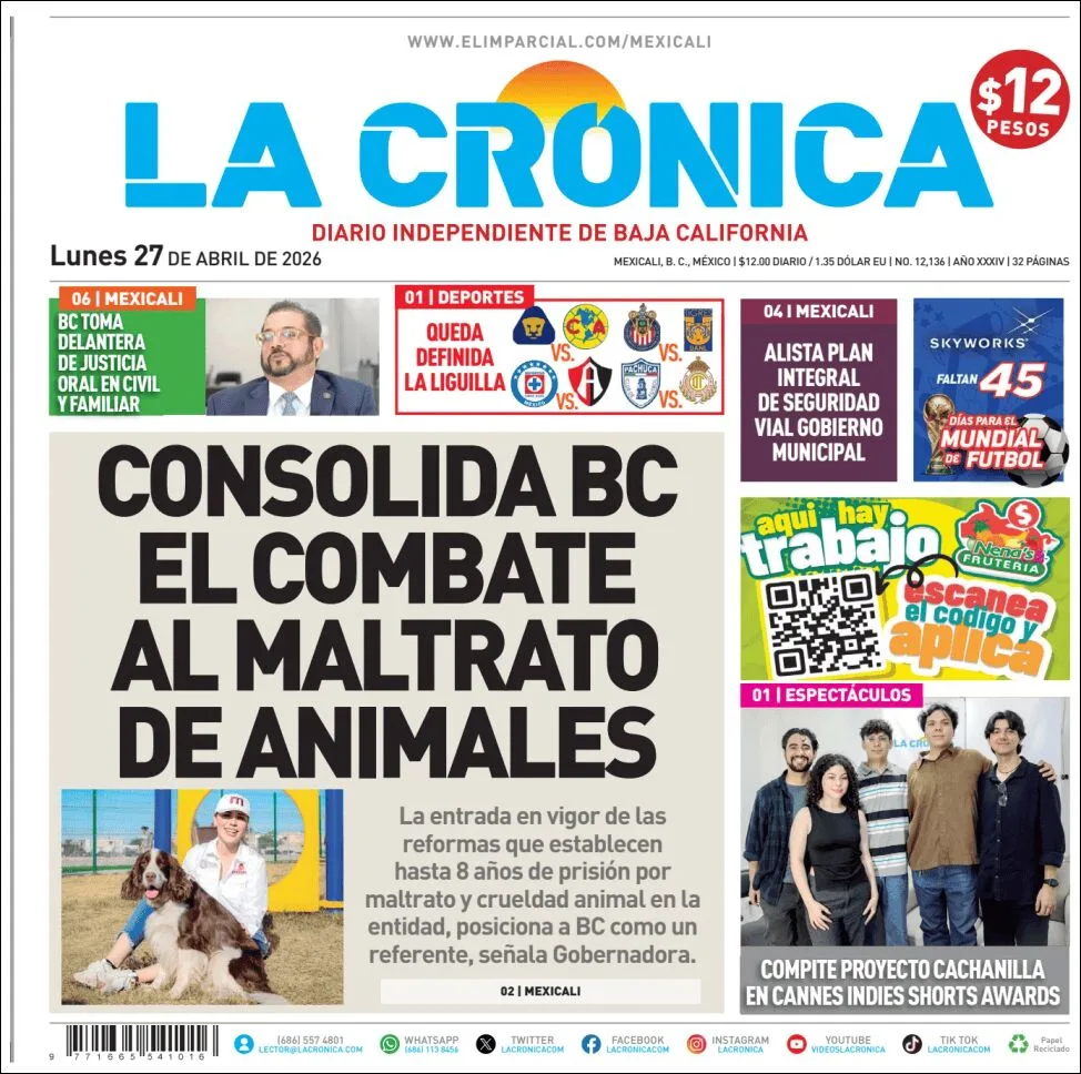 Portada de La Cronica del lunes, 27 de abril de 2026
