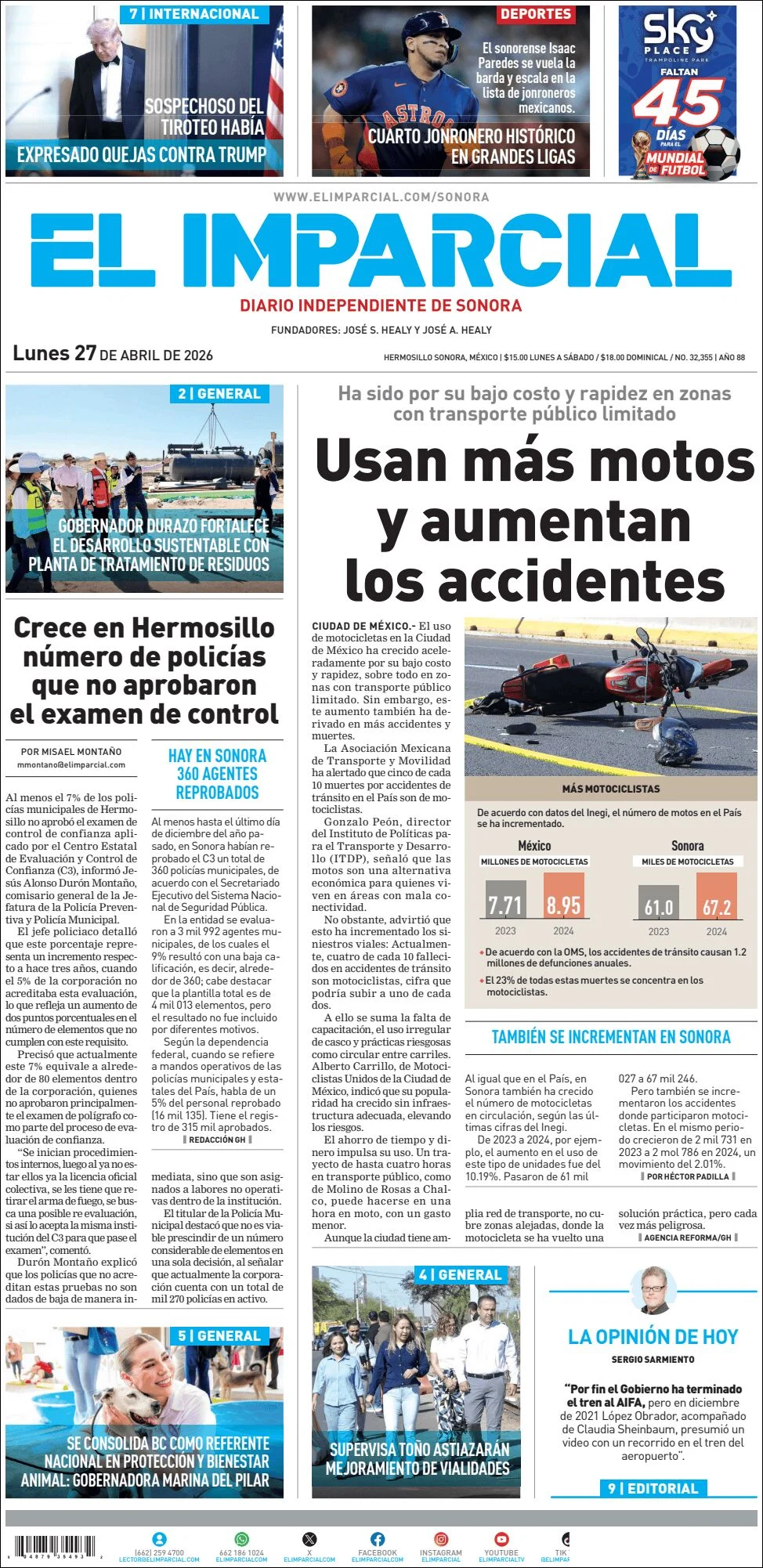 Portada de El Imparcial del lunes, 27 de abril de 2026