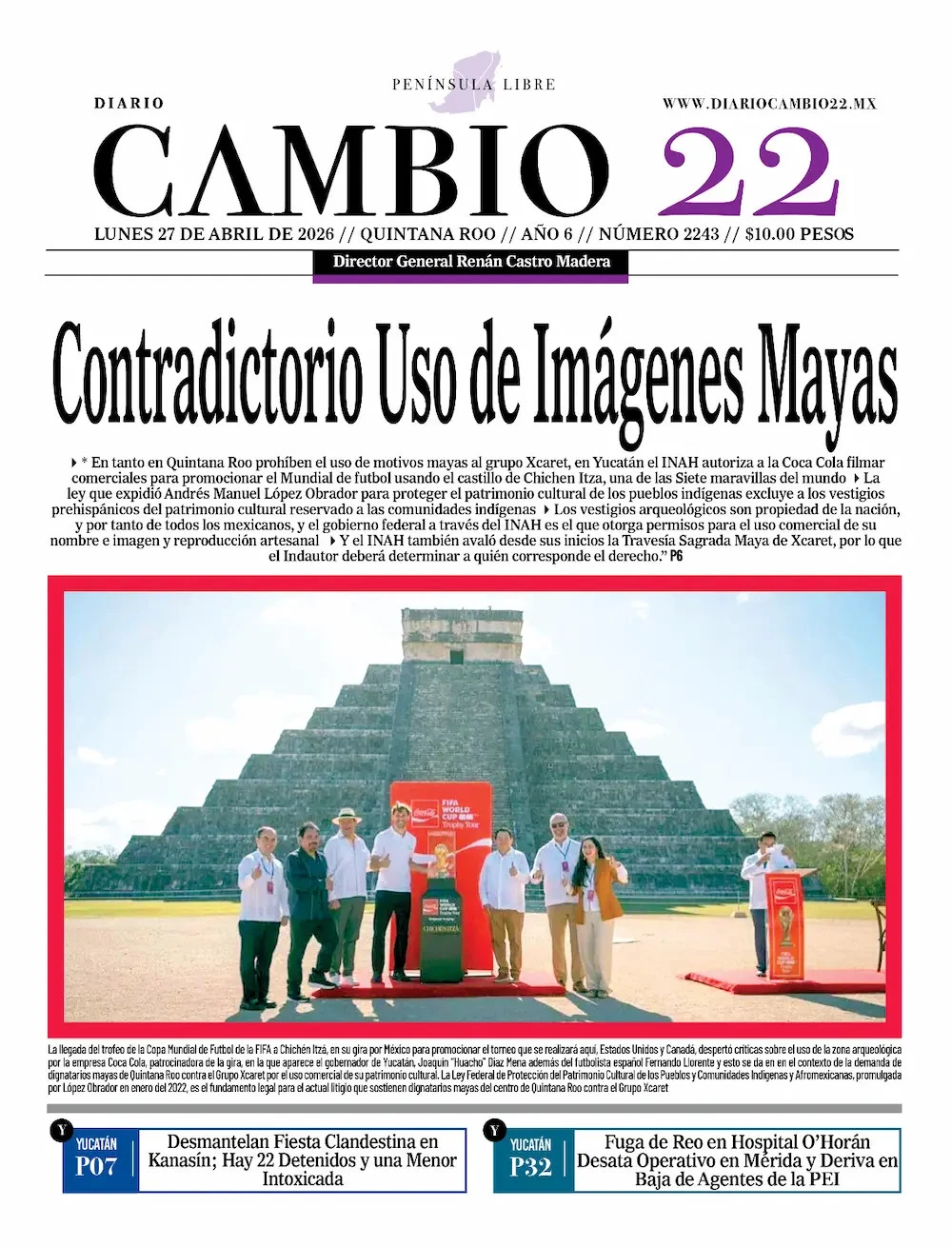 Portada de Diario Cambio 22 (portada) del lunes, 27 de abril de 2026