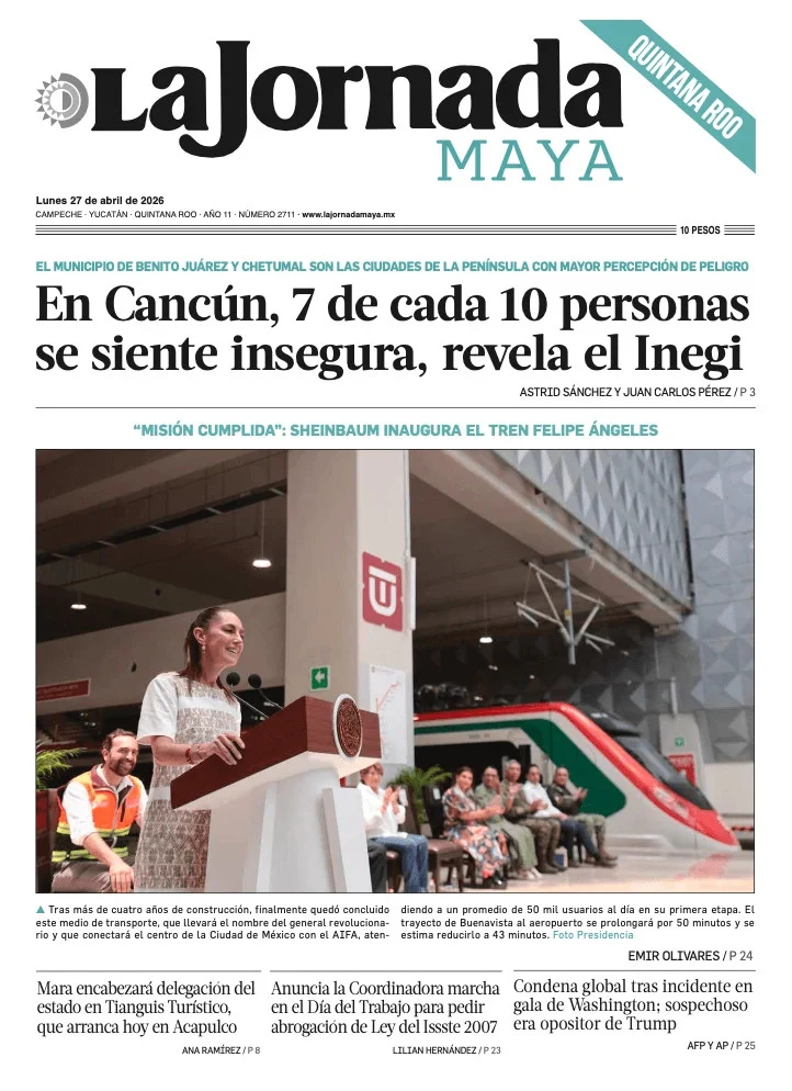 Portada de La Jornada Maya Quintana Roo del lunes, 27 de abril de 2026