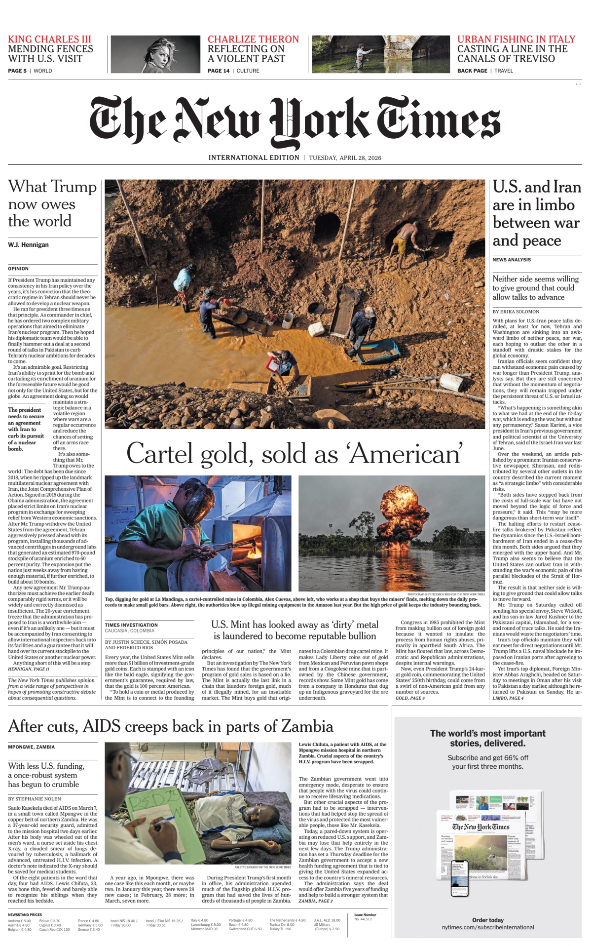 Portada de The New York Times (international) del martes, 28 de abril de 2026