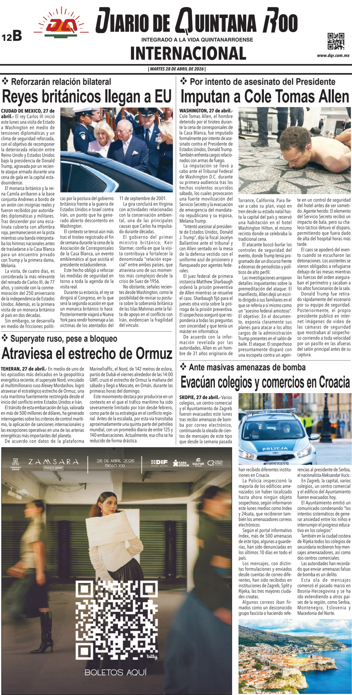 Portada de Diario de Quintana Roo (contra Portada) del martes, 28 de abril de 2026