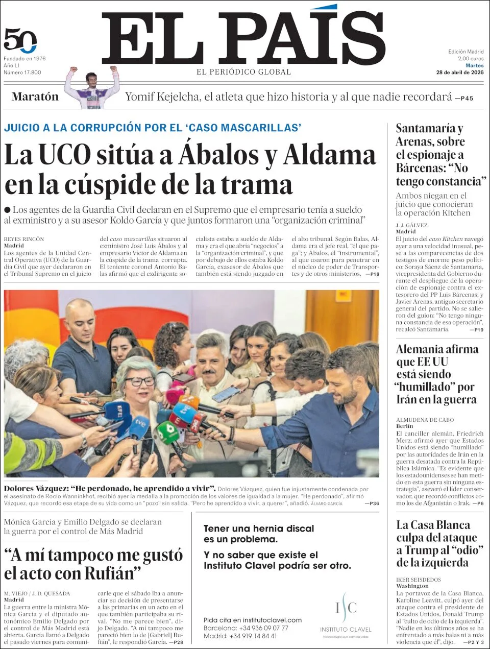 Portada de El Pais del martes, 28 de abril de 2026