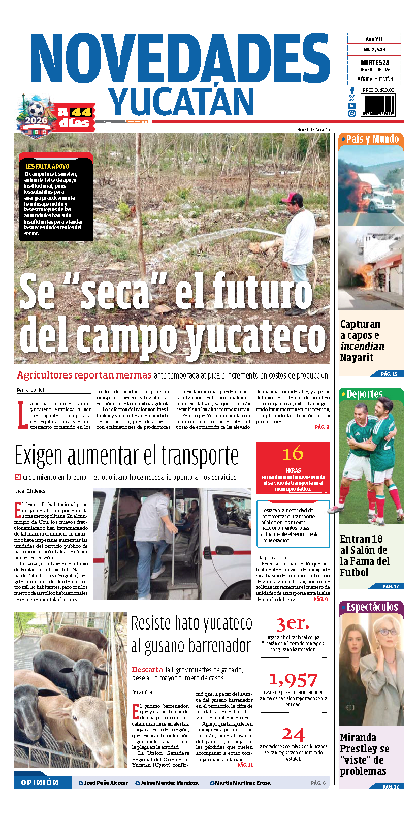 Portada de Novedades Yucatan del martes, 28 de abril de 2026