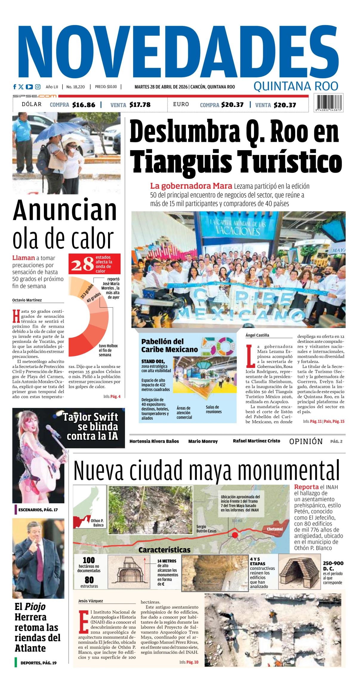 Portada de Novedades Quintana Roo del martes, 28 de abril de 2026