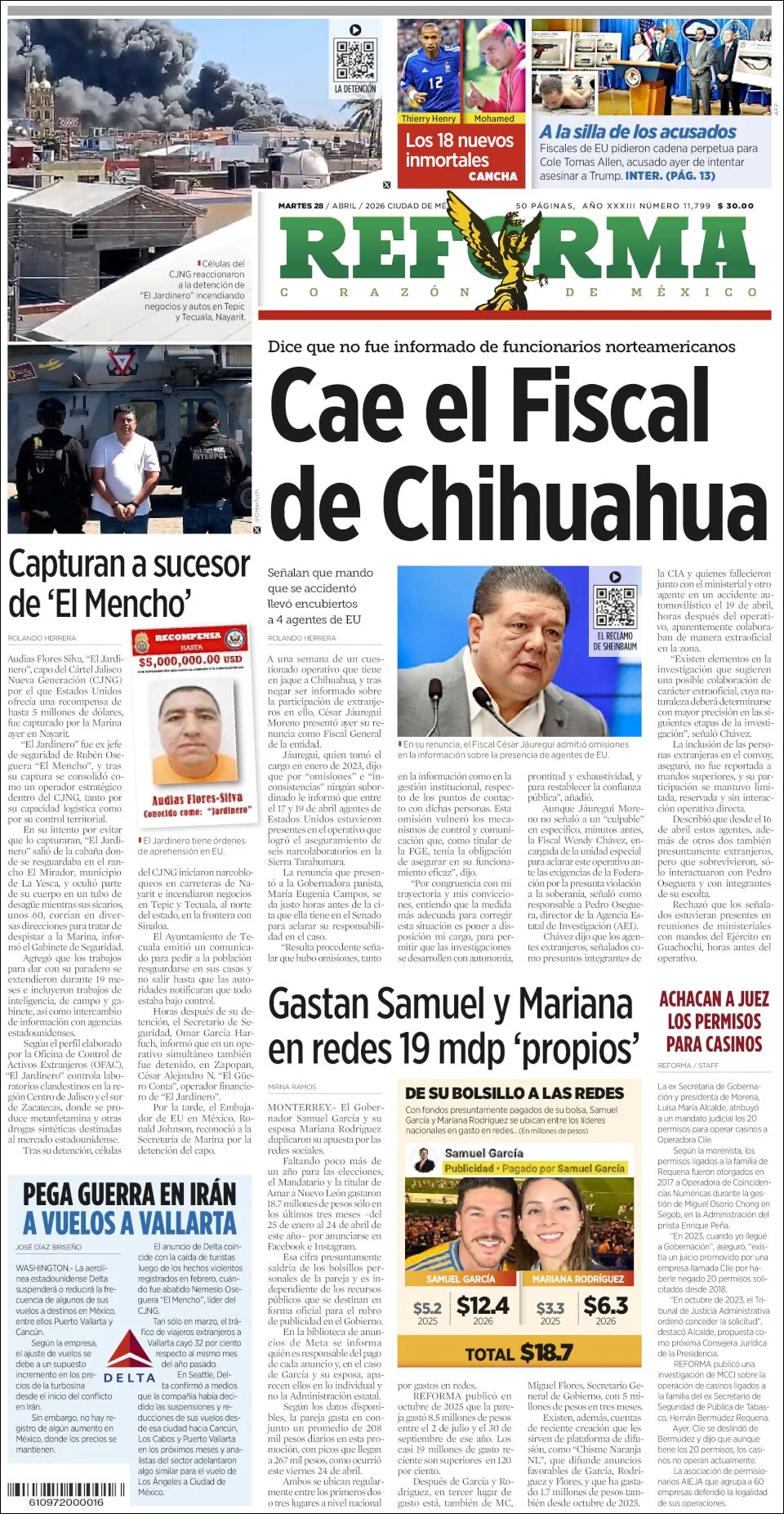Portada de Reforma del martes, 28 de abril de 2026