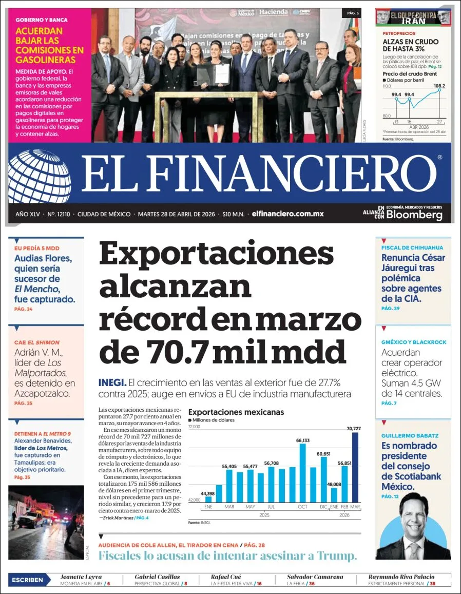 Portada de El Financiero del martes, 28 de abril de 2026