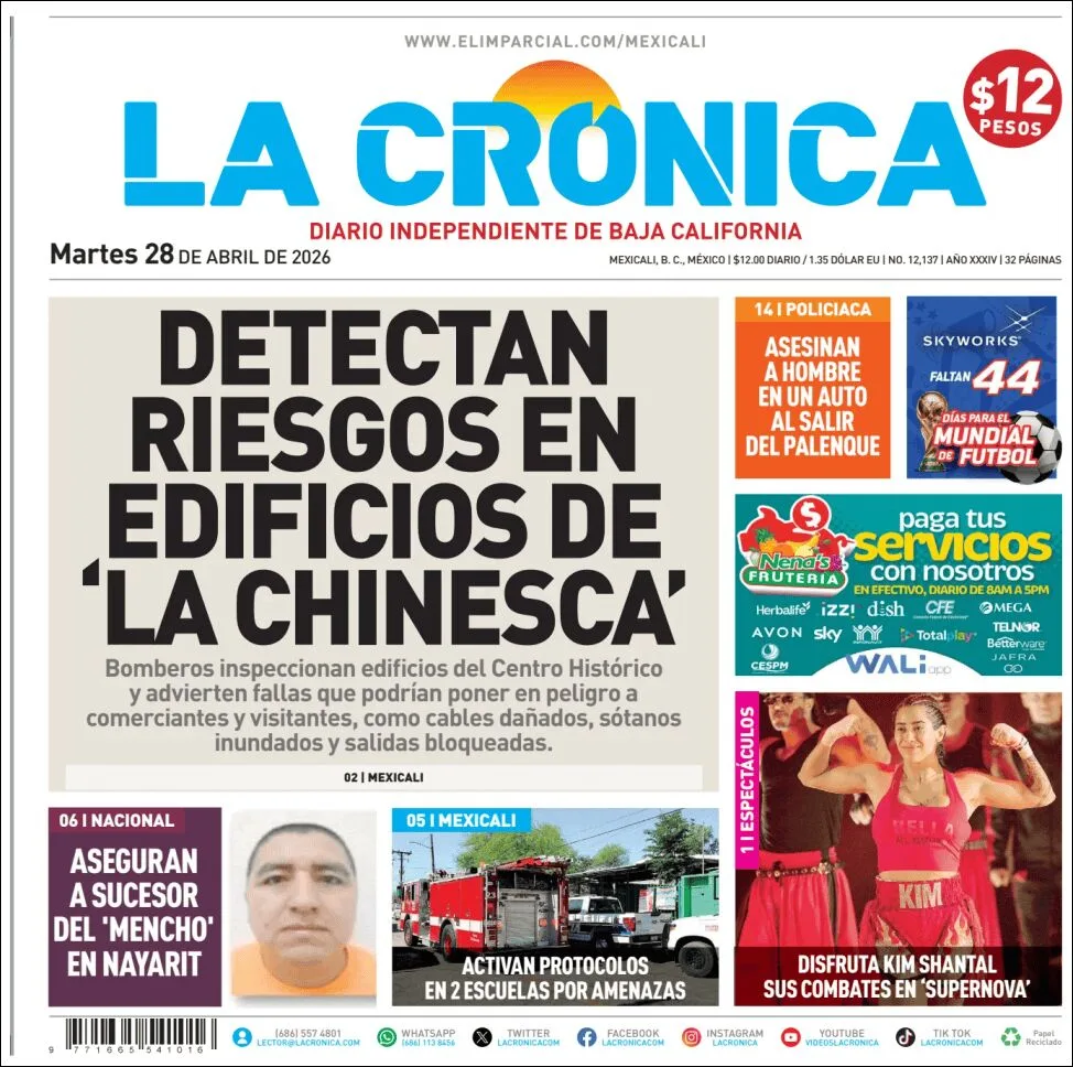 Portada de La Cronica del martes, 28 de abril de 2026