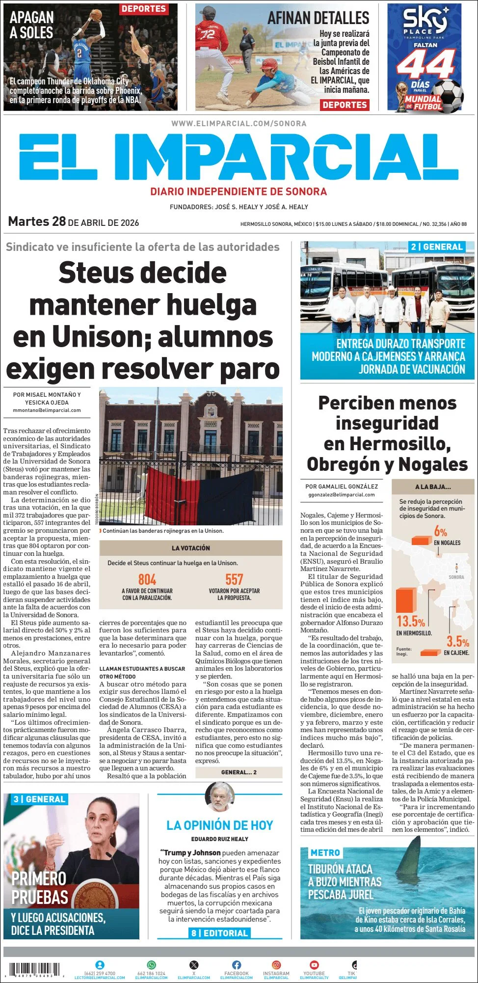 Portada de El Imparcial del martes, 28 de abril de 2026