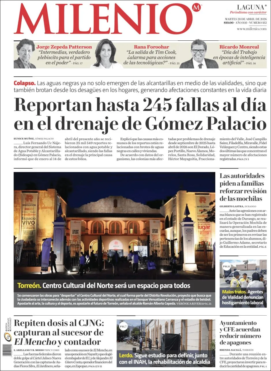 Portada de Milenio Laguna del martes, 28 de abril de 2026