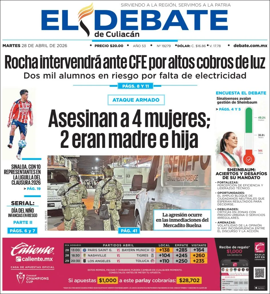 Portada de El Debate de Culiacan del martes, 28 de abril de 2026