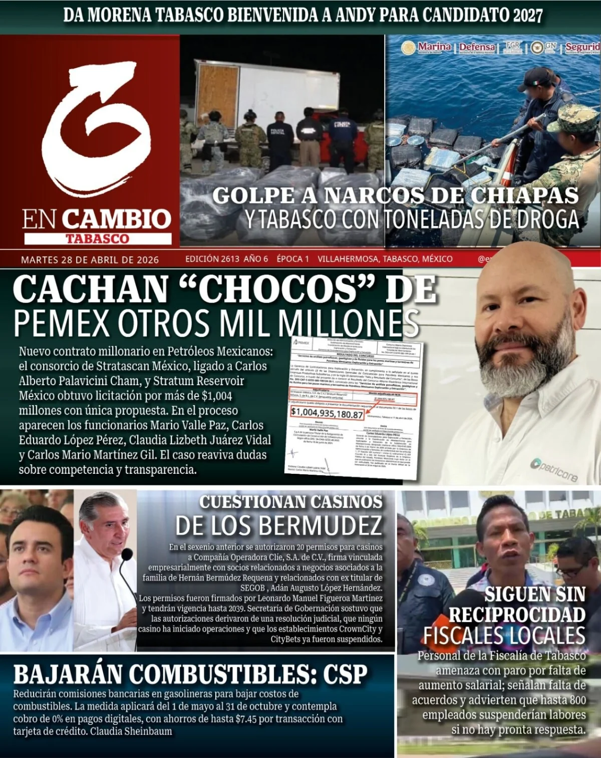 Portada de En Cambio - Tabasco (portada) del martes, 28 de abril de 2026