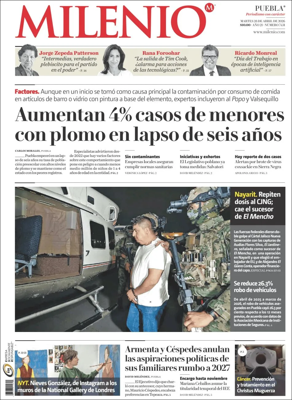Portada de Milenio Puebla del martes, 28 de abril de 2026