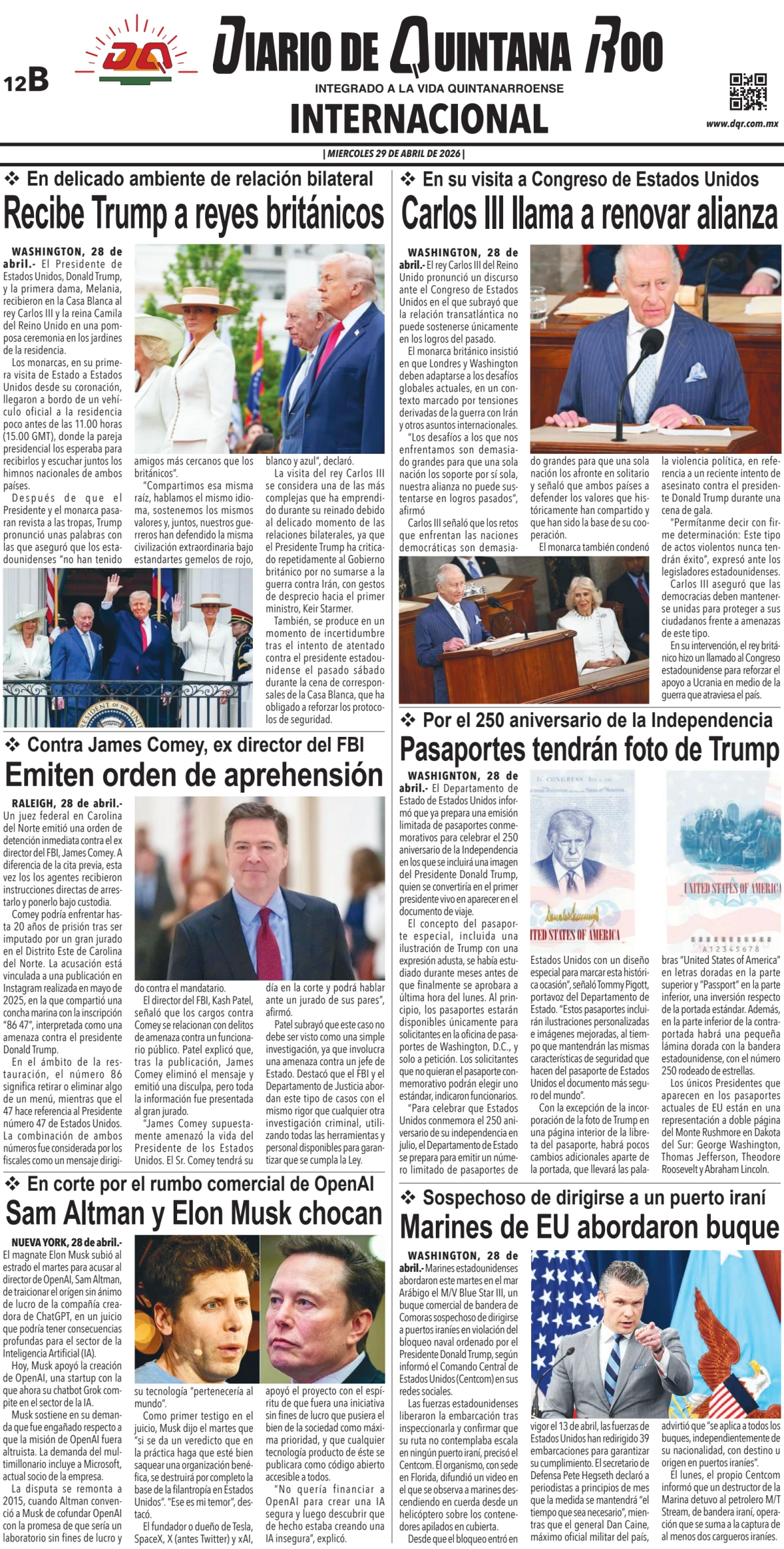 Portada de Diario de Quintana Roo (contra Portada) del miércoles, 29 de abril de 2026