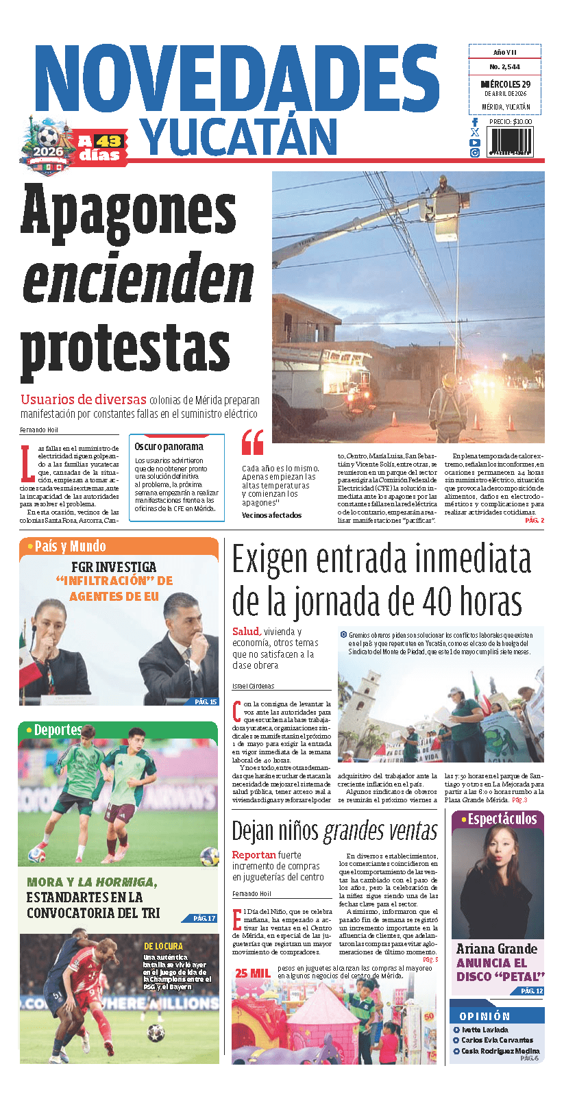 Portada de Novedades Yucatan del miércoles, 29 de abril de 2026