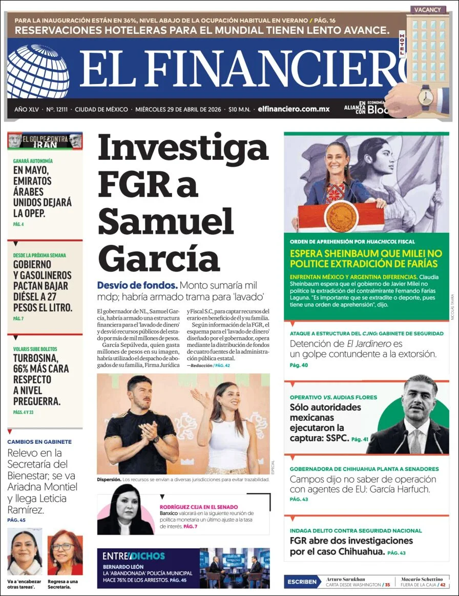 Portada de El Financiero del miércoles, 29 de abril de 2026