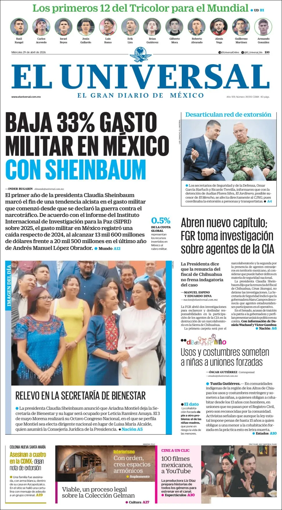 Portada de El Universal del miércoles, 29 de abril de 2026