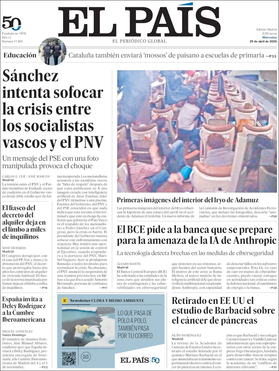 Portada de El Pais del miércoles, 29 de abril de 2026