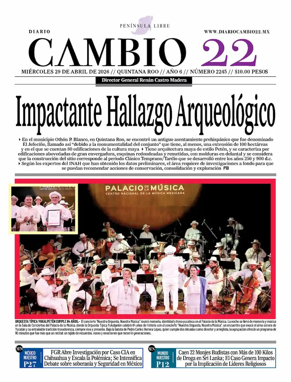 Portada de Diario Cambio 22 (contraportada) del miércoles, 29 de abril de 2026