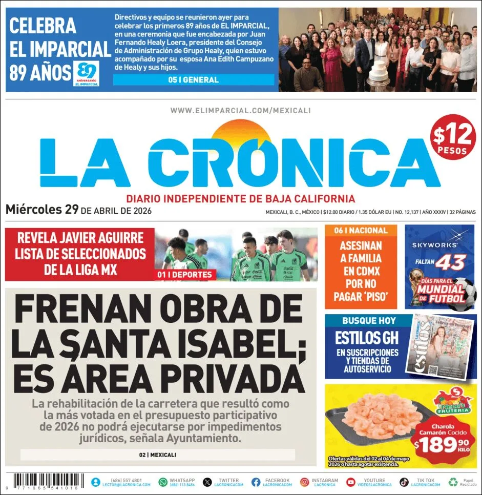 Portada de La Cronica del miércoles, 29 de abril de 2026