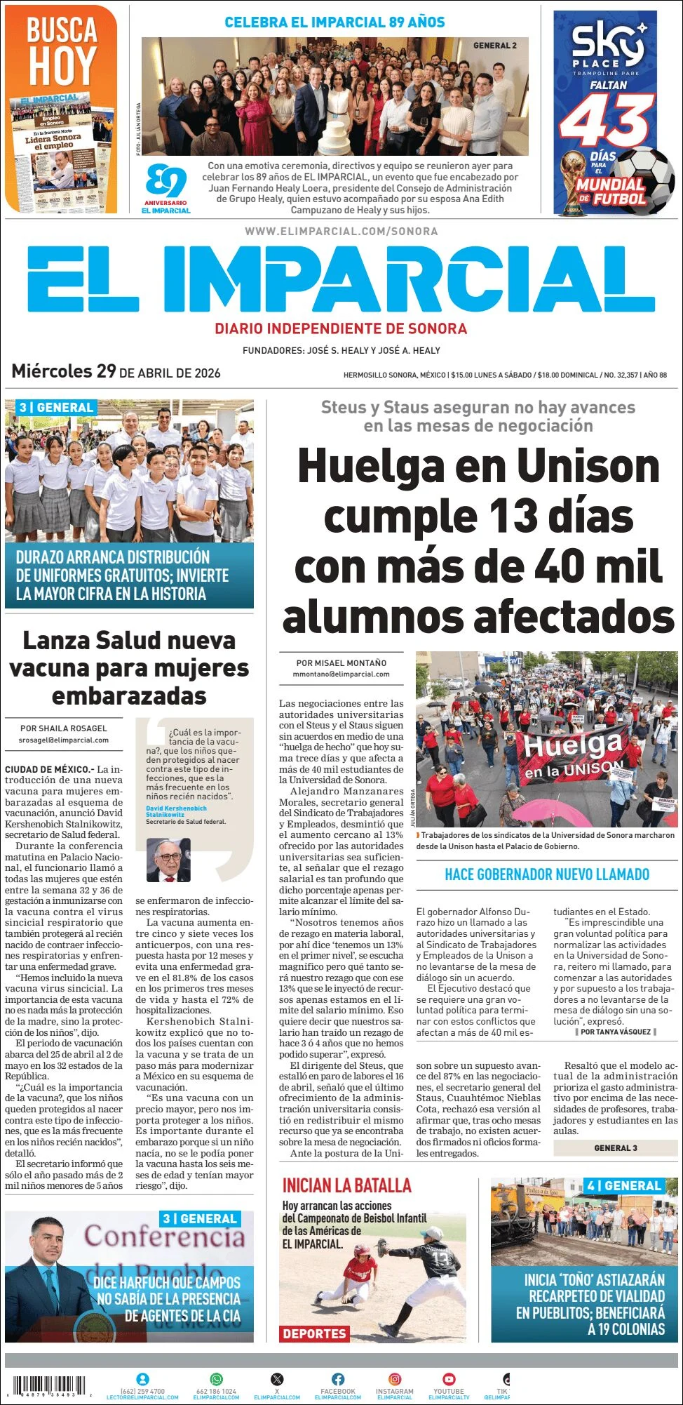 Portada de El Imparcial del miércoles, 29 de abril de 2026