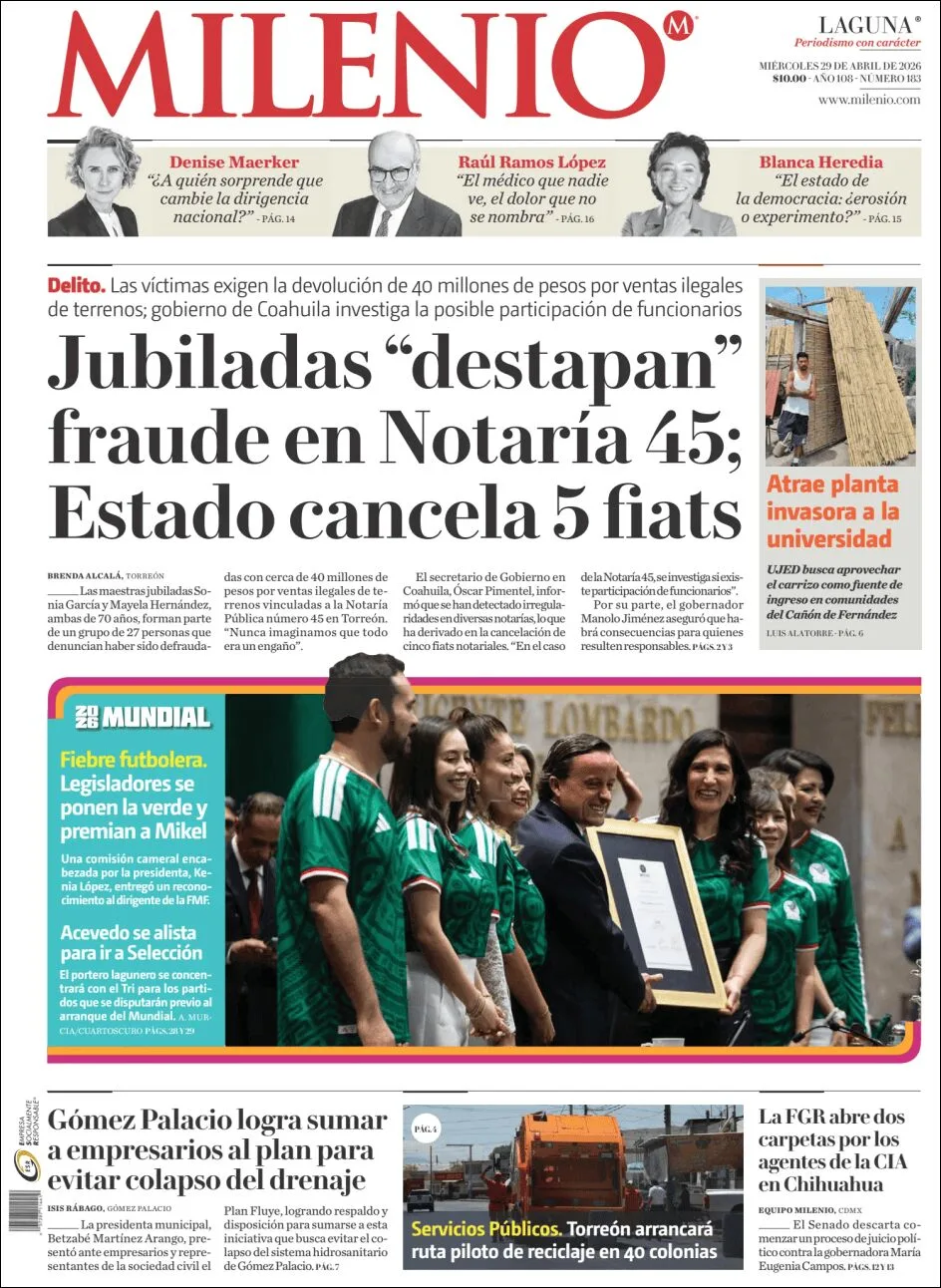 Portada de Milenio Laguna del miércoles, 29 de abril de 2026