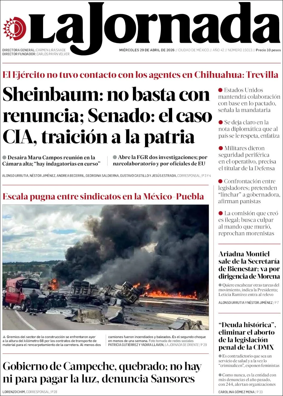 Portada de La Jornada del miércoles, 29 de abril de 2026