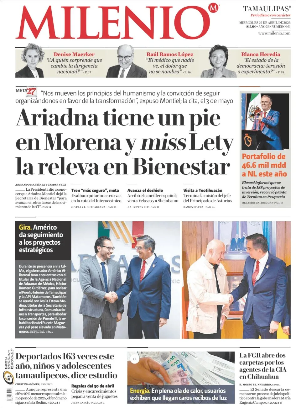 Portada de Milenio Tamaulipas del miércoles, 29 de abril de 2026