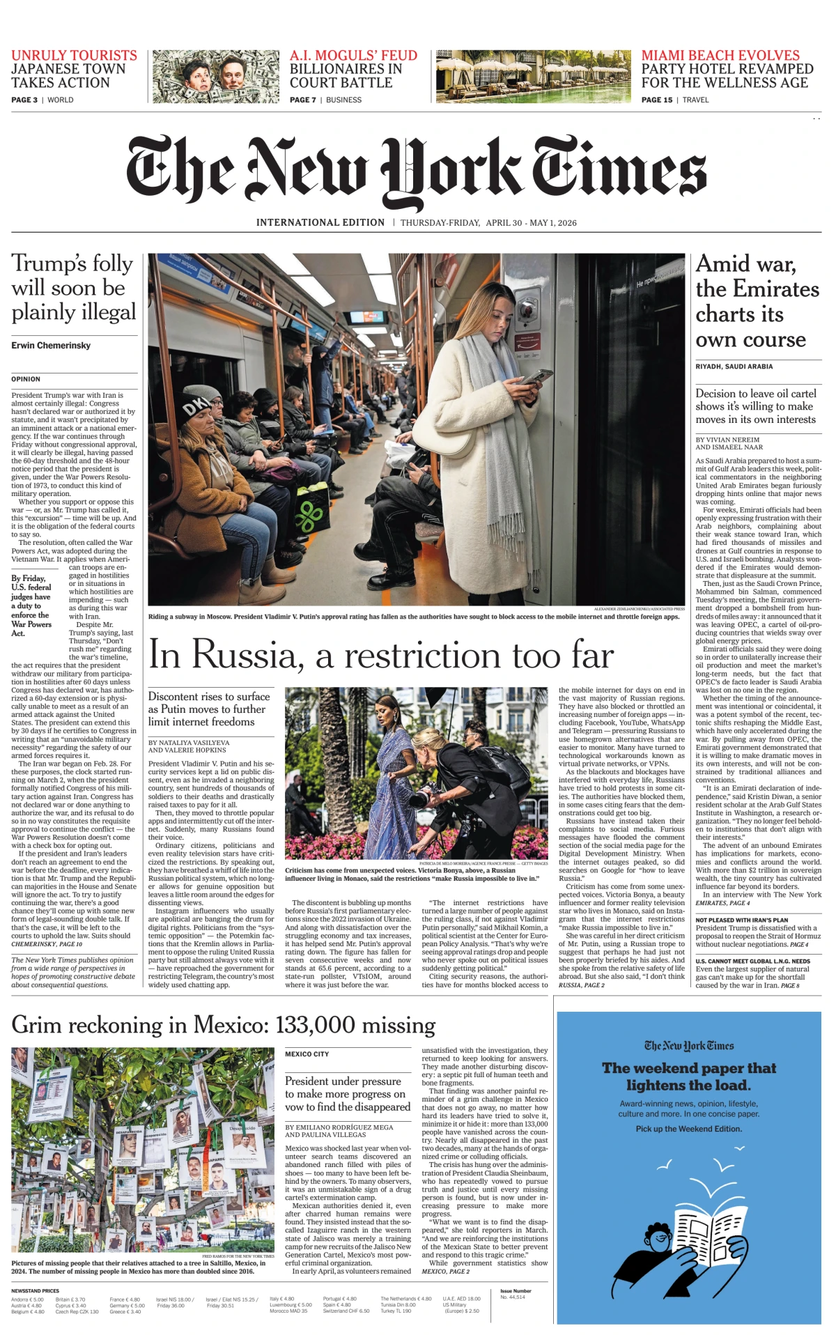 Portada de The New York Times (international) del jueves, 30 de abril de 2026