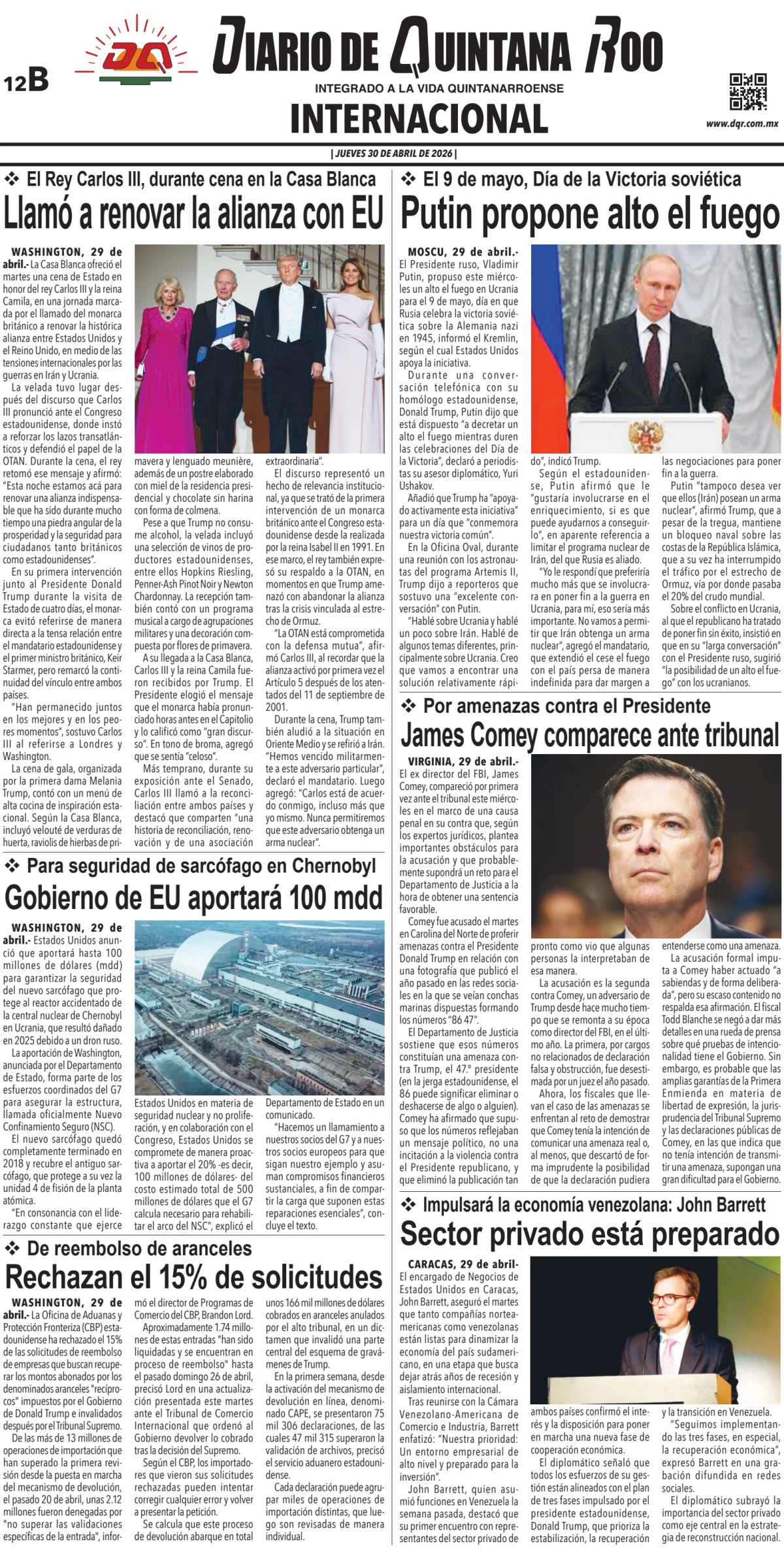 Portada de Diario de Quintana Roo (contra Portada) del jueves, 30 de abril de 2026