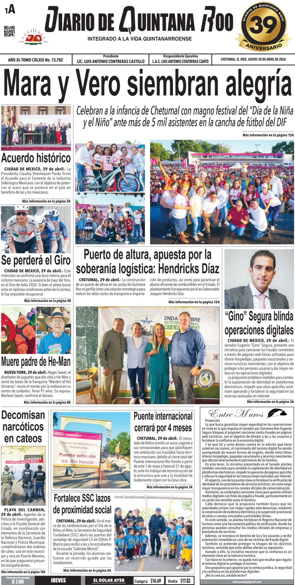 Portada de Diario de Quintana Roo (portada) del jueves, 30 de abril de 2026
