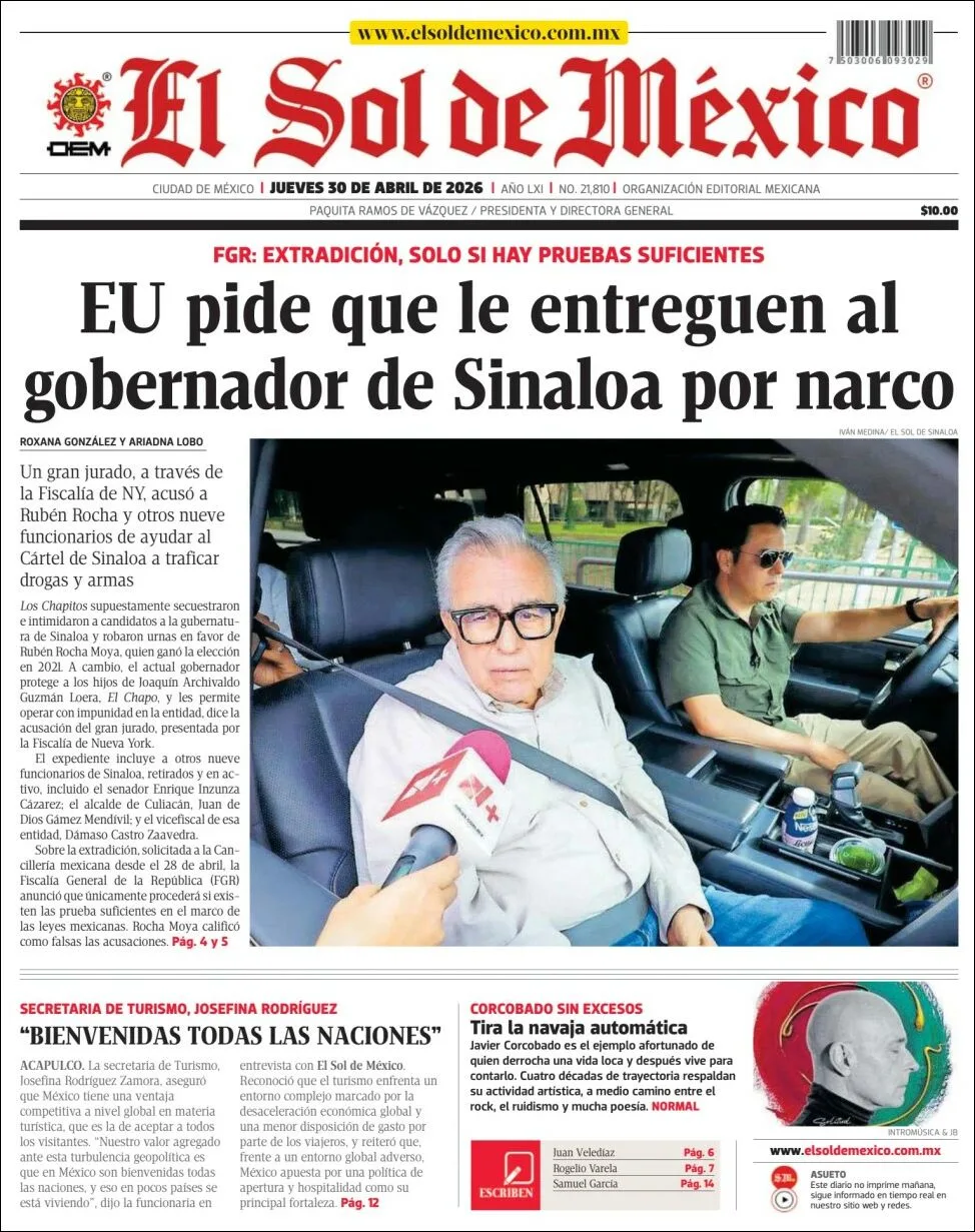 Portada de El Sol de Mexico del jueves, 30 de abril de 2026