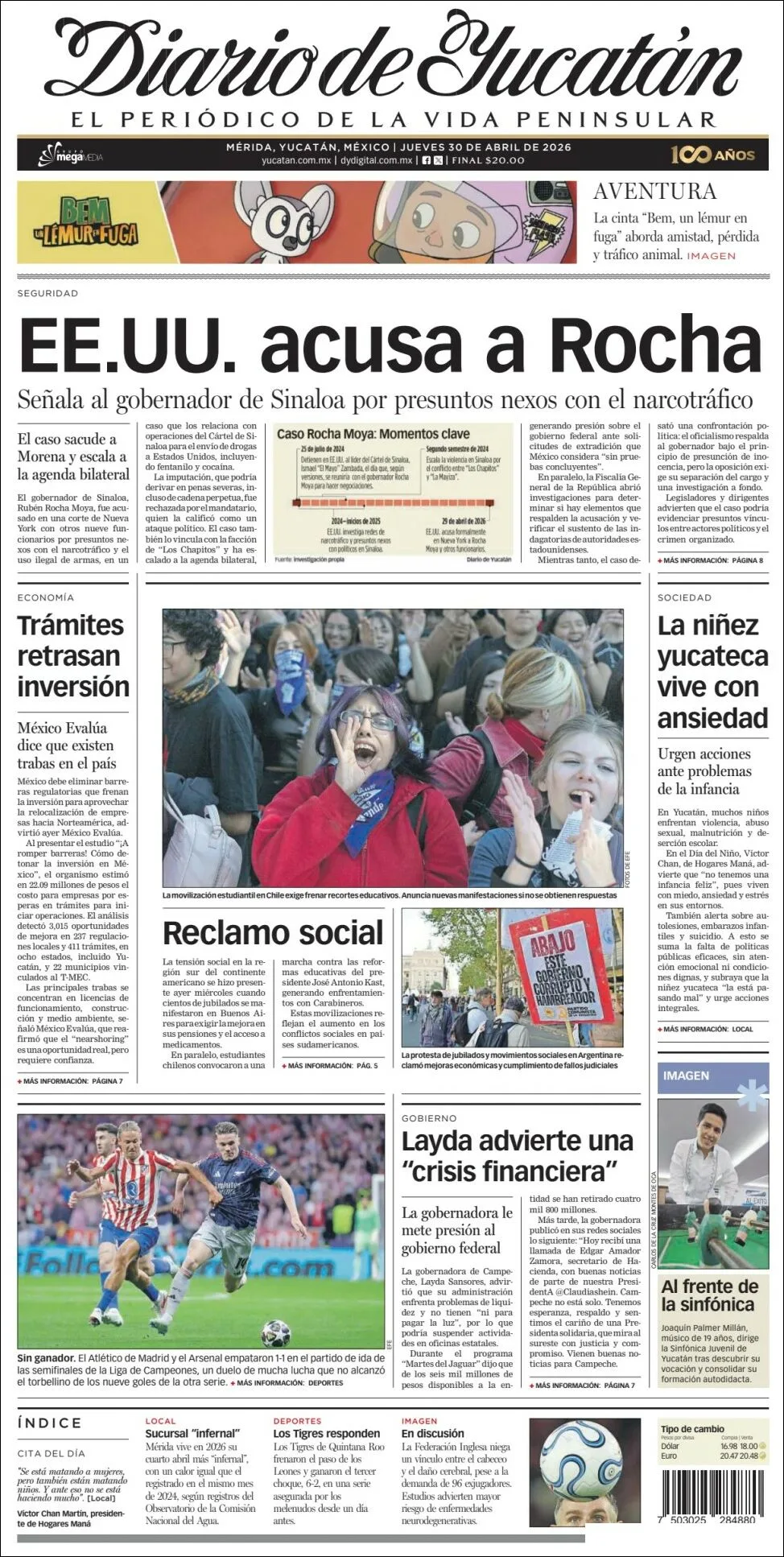 Portada de Diario de Yucatán del jueves, 30 de abril de 2026