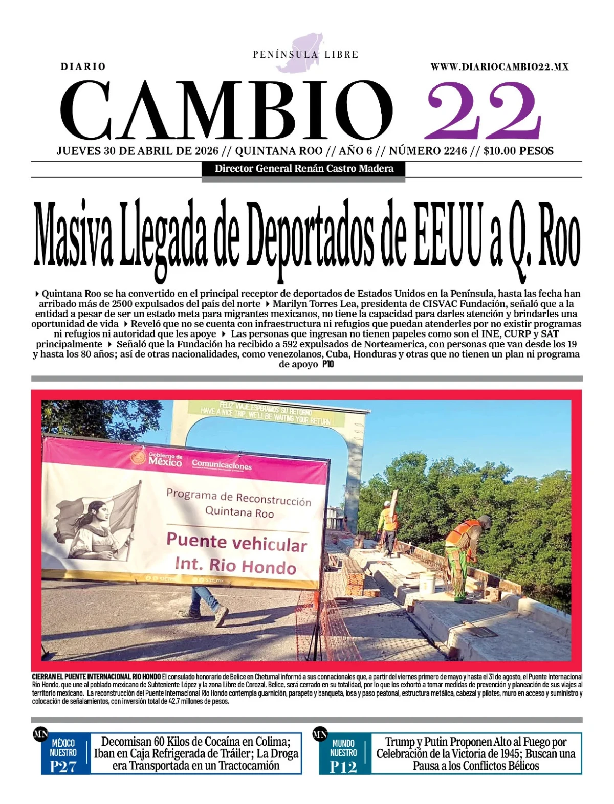 Portada de Diario Cambio 22 (contraportada) del jueves, 30 de abril de 2026