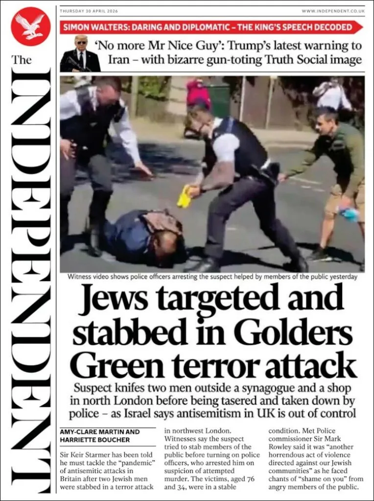 Portada de The Independent del jueves, 30 de abril de 2026