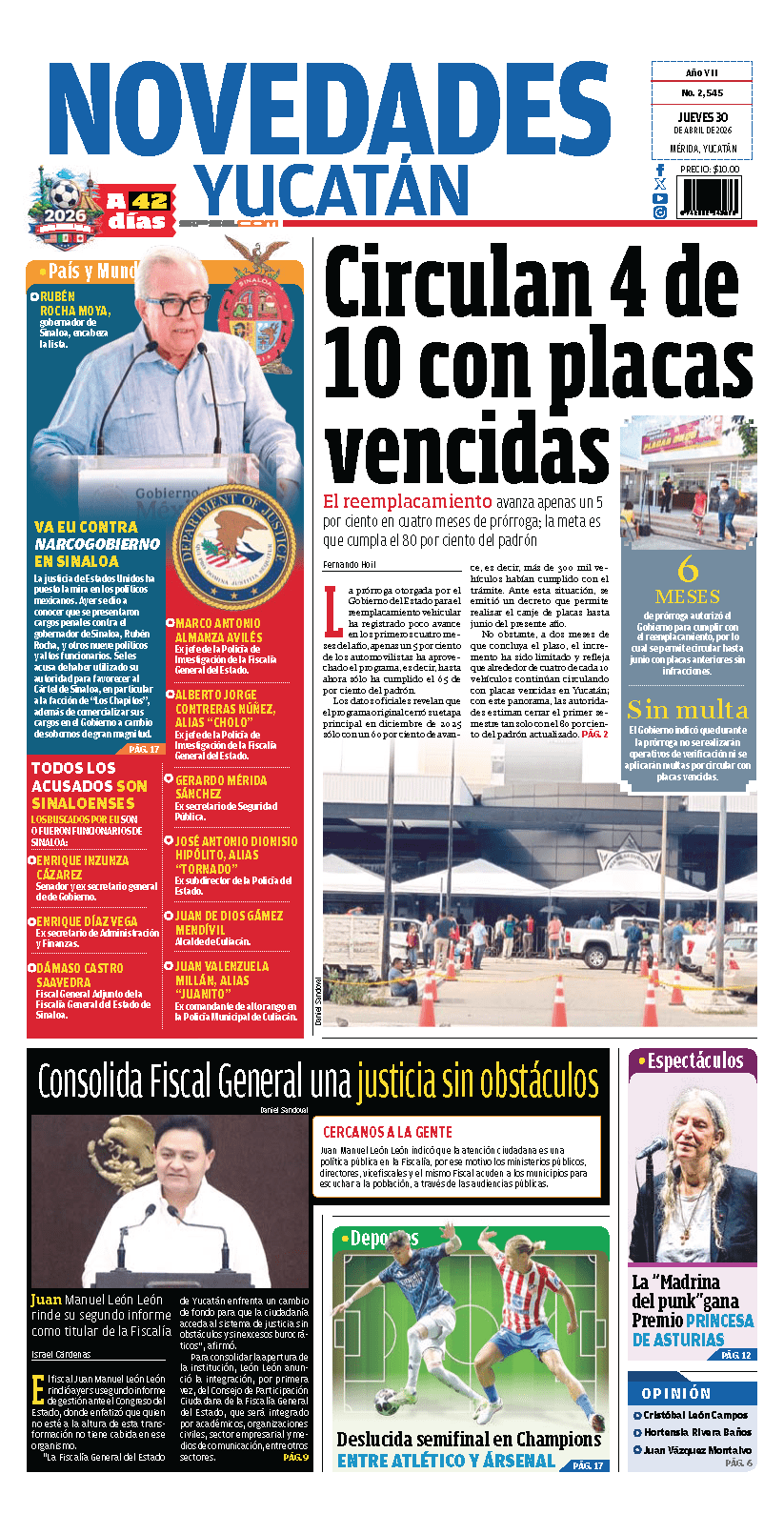 Portada de Novedades Yucatan del jueves, 30 de abril de 2026