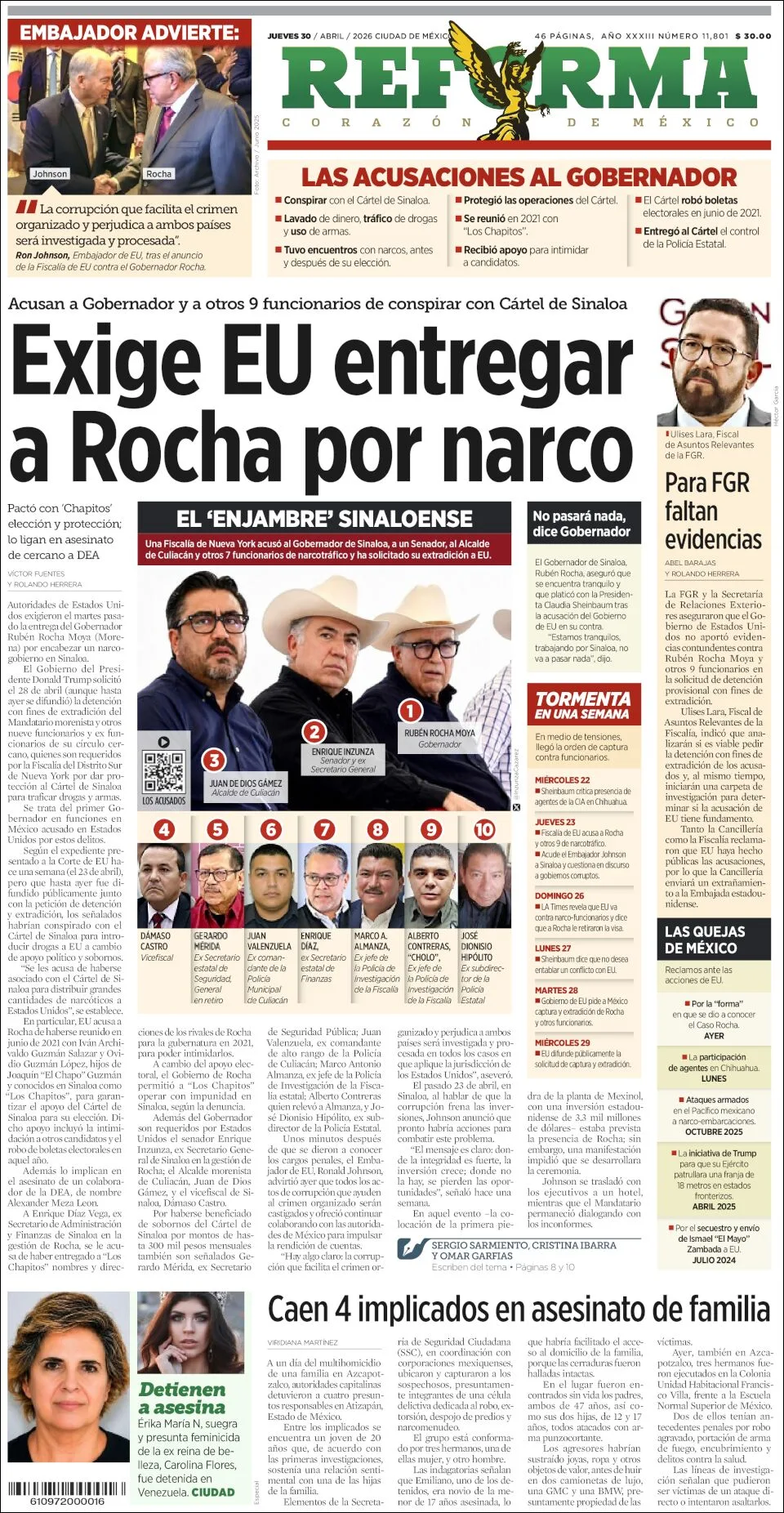 Portada de Reforma del jueves, 30 de abril de 2026