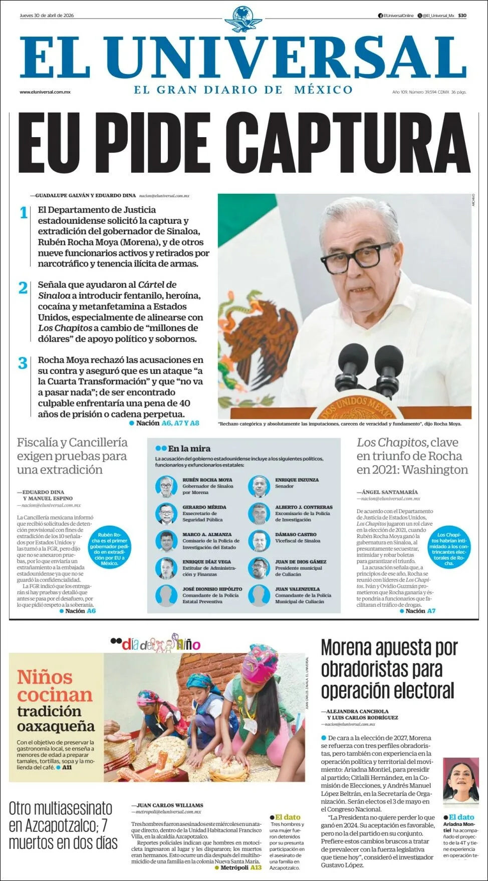 Portada de El Universal del jueves, 30 de abril de 2026