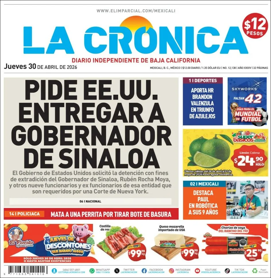 Portada de La Cronica del jueves, 30 de abril de 2026