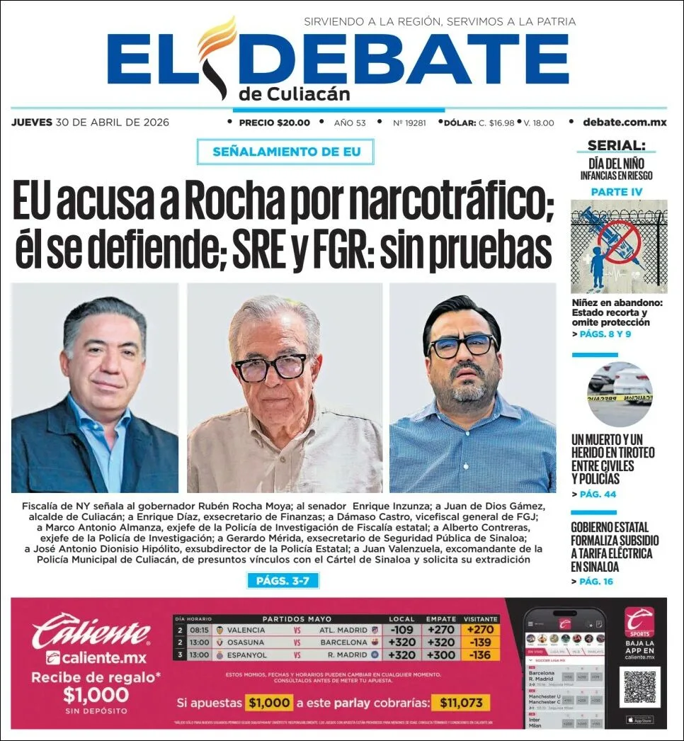 Portada de El Debate de Culiacan del jueves, 30 de abril de 2026