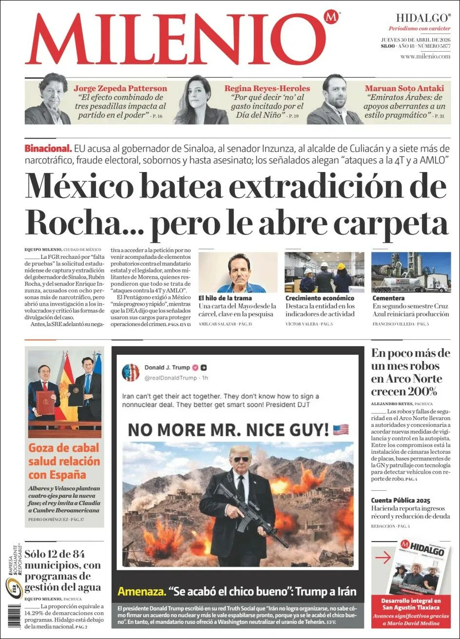 Portada de Milenio Hidalgo del jueves, 30 de abril de 2026