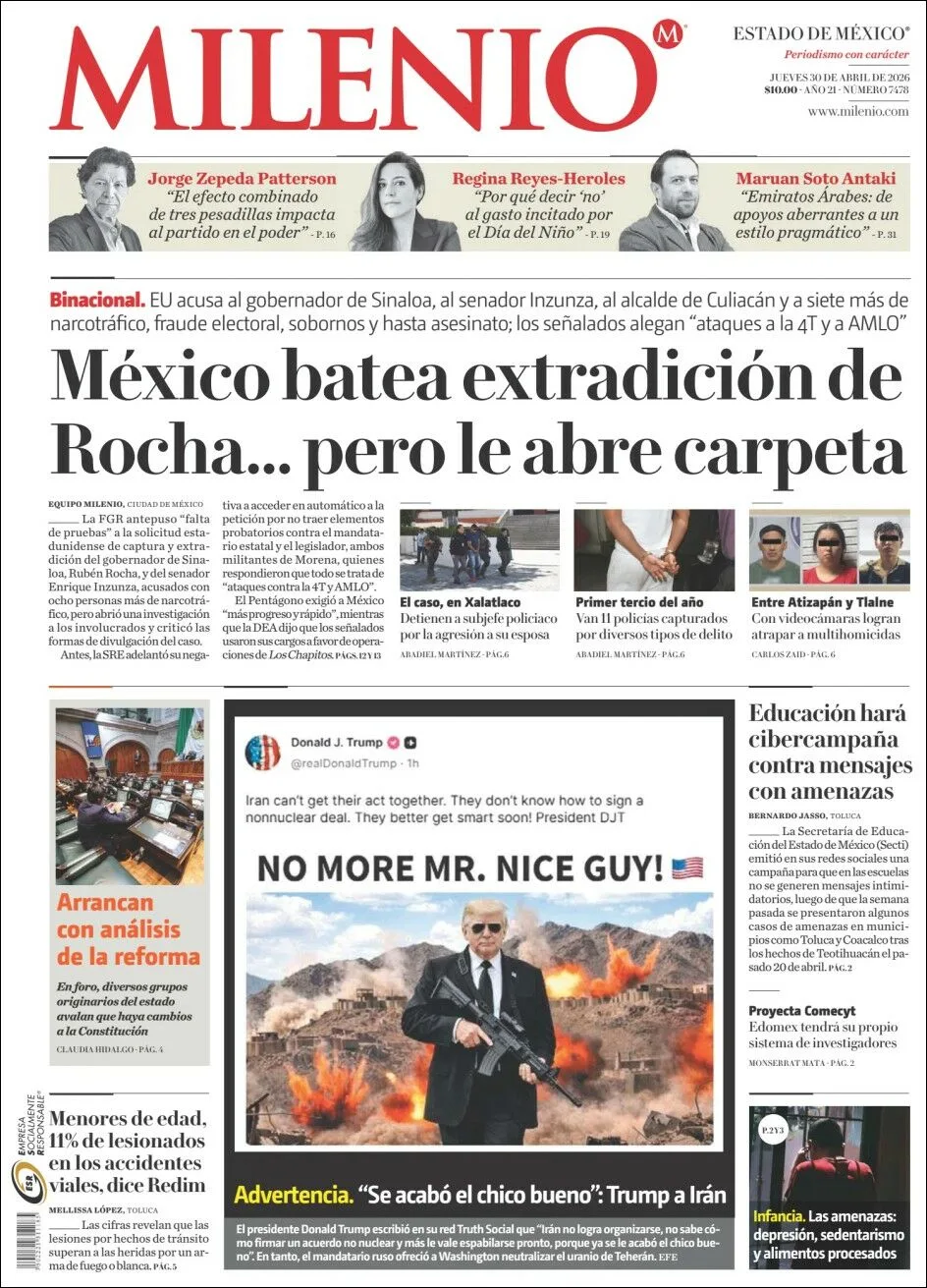 Portada de Milenio Edo de Mexico del jueves, 30 de abril de 2026