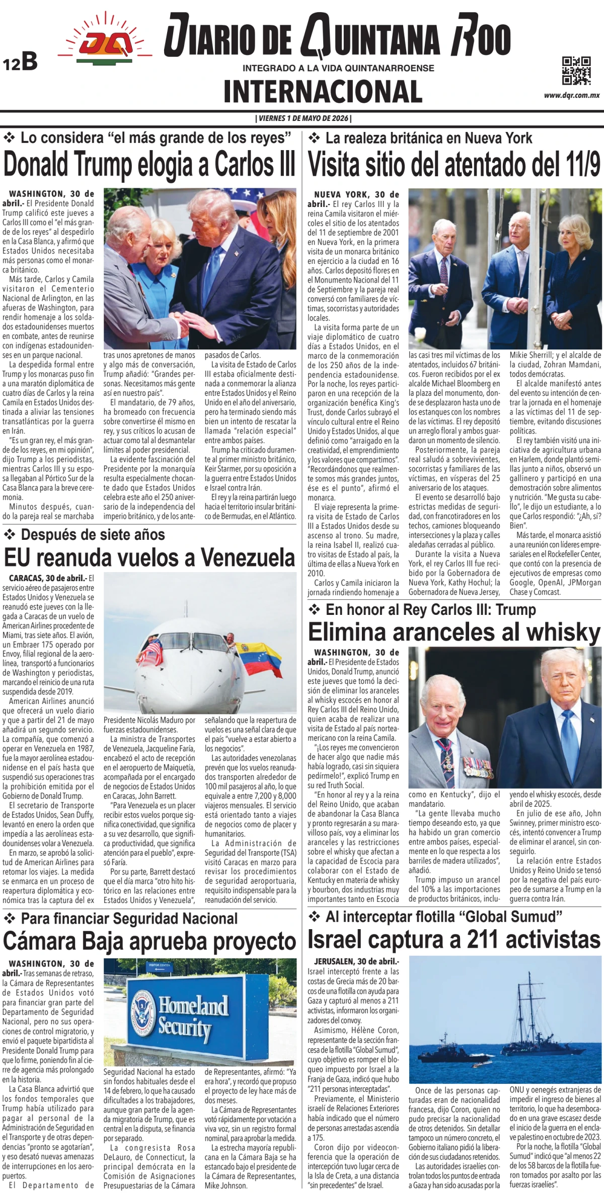 Portada de Diario de Quintana Roo (contra Portada) del viernes, 1 de mayo de 2026