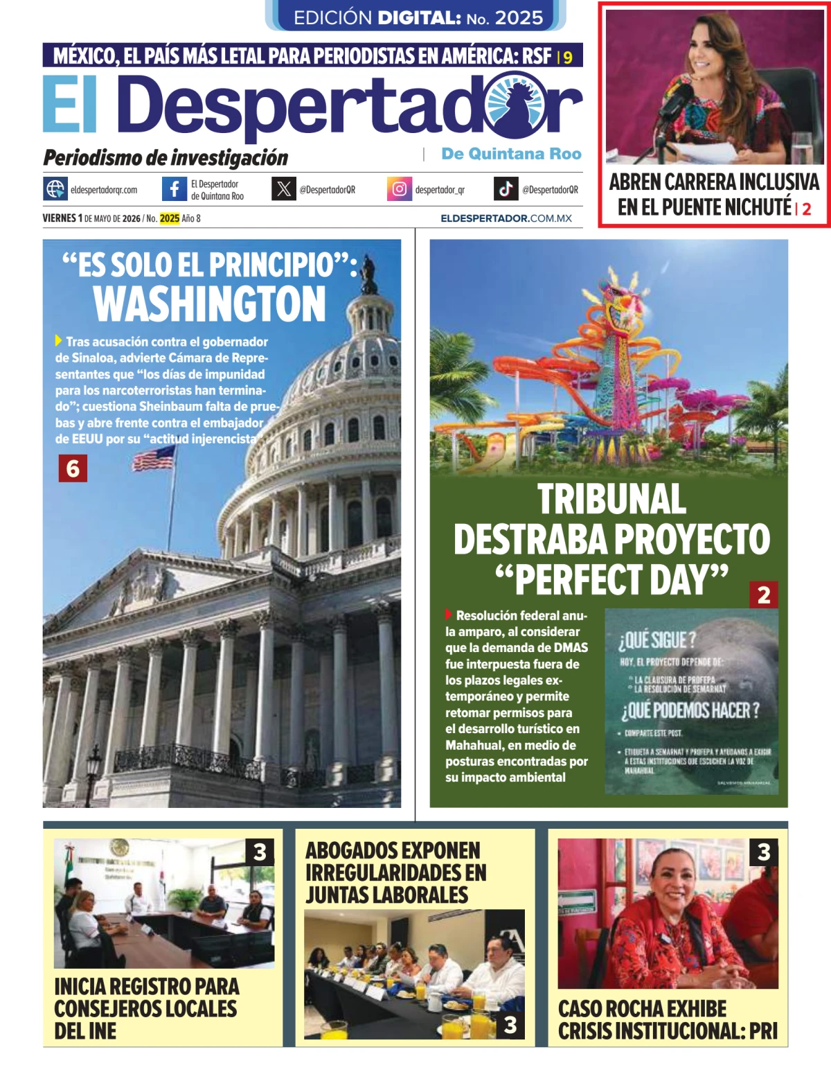 Portada de El Despertador de Quintana Roo del viernes, 1 de mayo de 2026