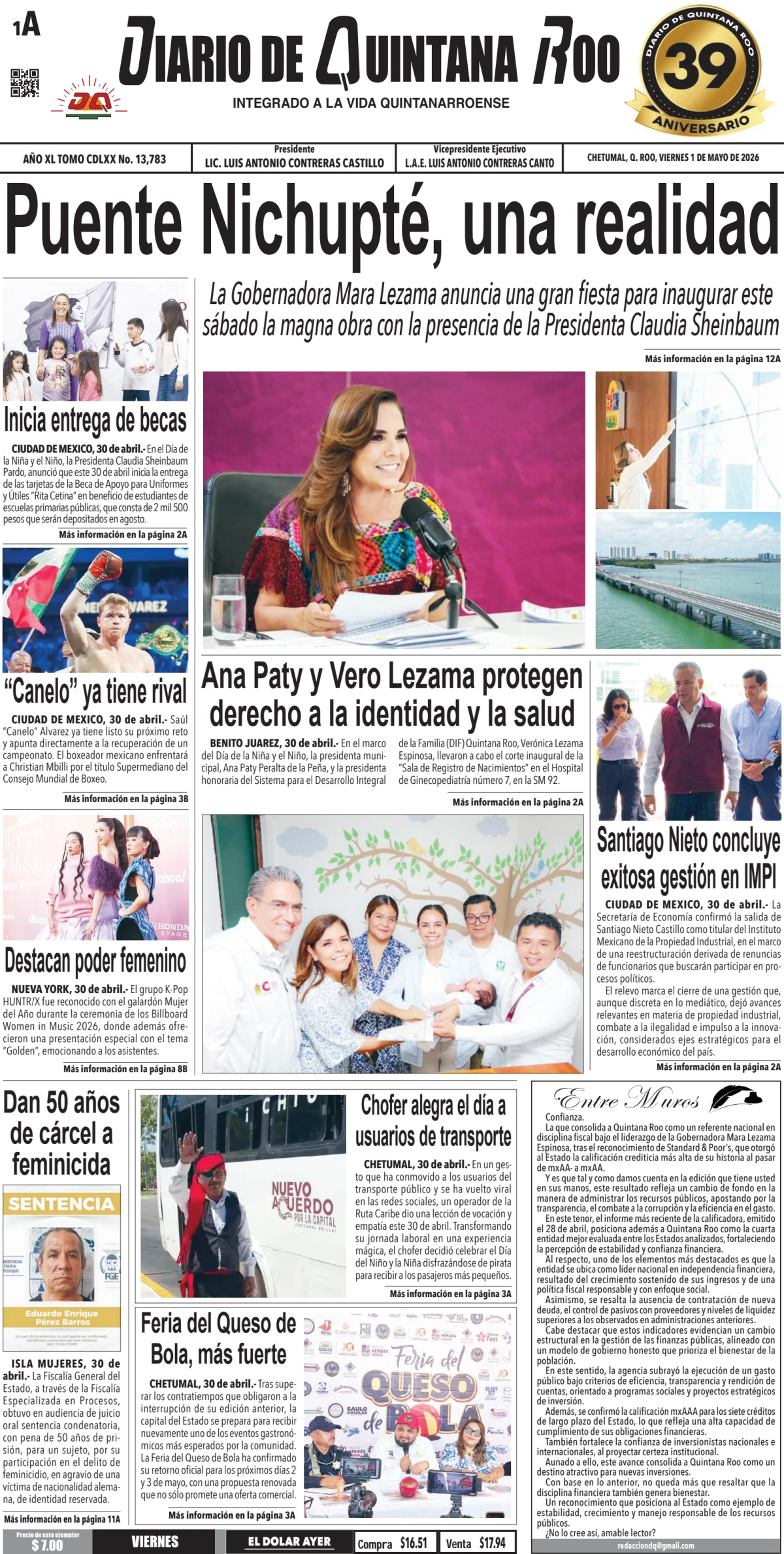 Portada de Diario de Quintana Roo (portada) del viernes, 1 de mayo de 2026