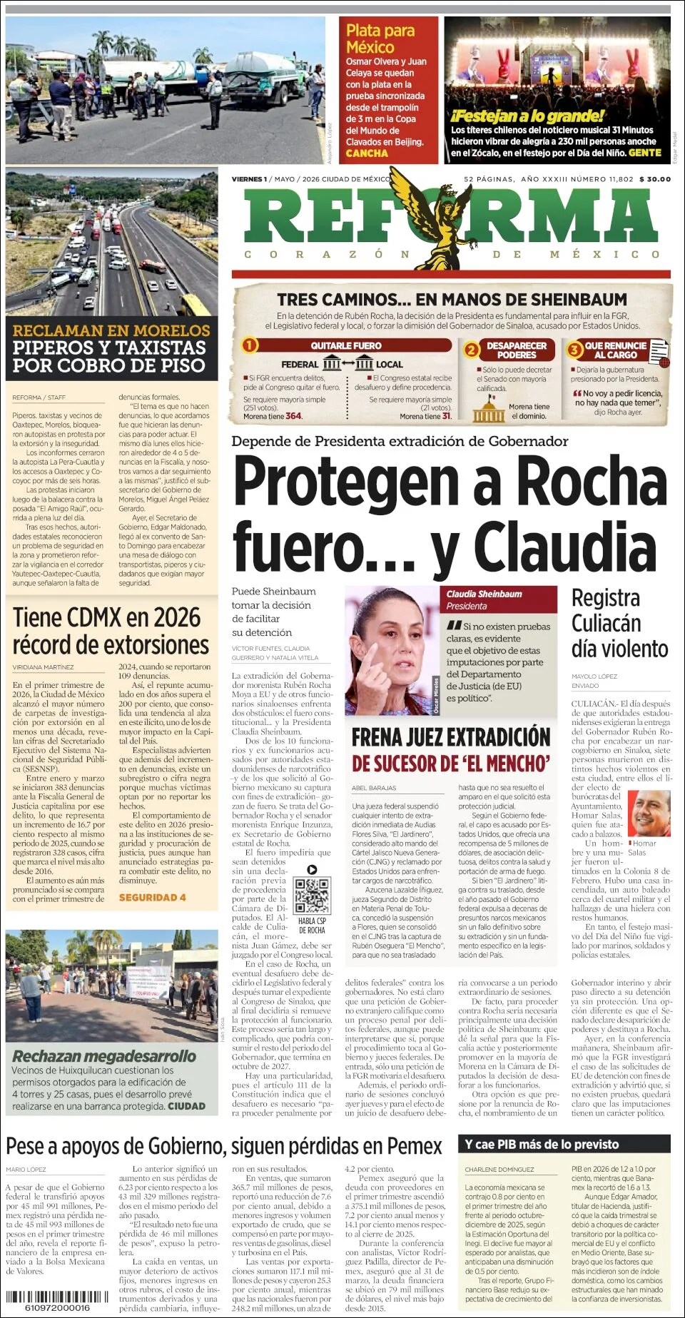 Portada de Reforma del viernes, 1 de mayo de 2026