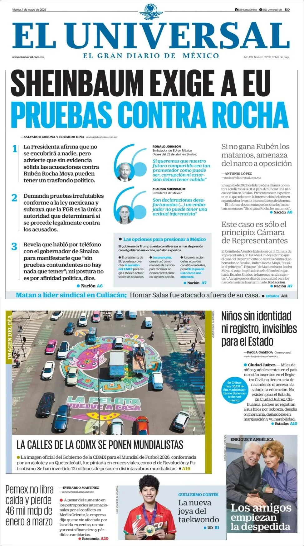 Portada de El Universal del viernes, 1 de mayo de 2026